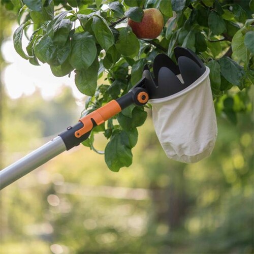 Fruktplockare. Är det inte så att de finaste äpplena ofta sitter högst upp och är väldigt svåra att nå, även med stege? Då är det bra att ha en fruktplockare som du fäster på ett vanligt skaft eller teleskopskaft. Frukten samlas i en påse som enkelt kan tas av och tvättas i tvättmaskin. Fiskars fruktplockare, 339 kr på byggmax.se