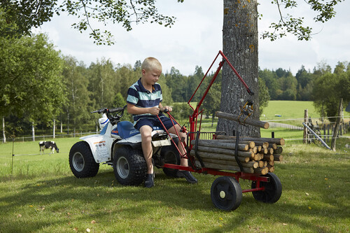 Linus tar gärna en sväng med timmervagnen.