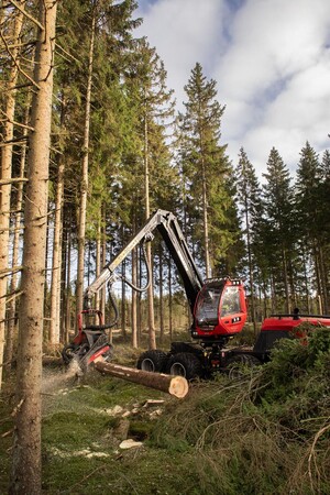 Röd skördare avverkar i skogen