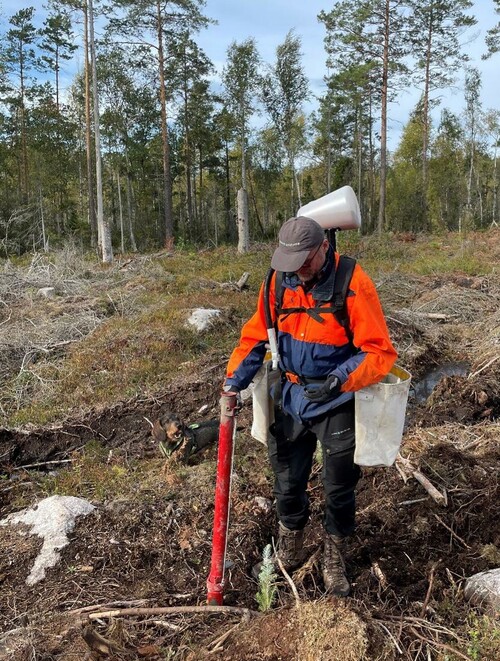 Denny Ruden, Sundins Skogsplantor, var med och provade den nya prototypen för att portionera ut gödningsmedlet med planteringsröret.