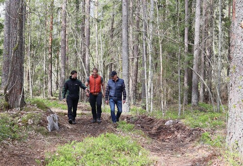 Erik Karlsson, Björn Junhammar och Patrik Thure resonerar om hyggesfritt skogsbruk. Foto: Wilma Ekström