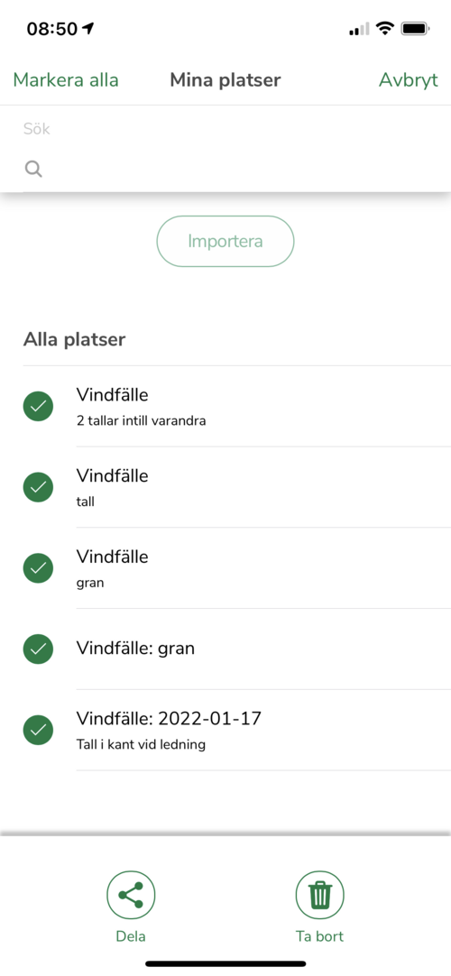 Dela fler punkter? När du är i kartvyn klickar du på 3 punkterna överst i fönstret, välj sen *Visa mina platser*. Då får du en lista med allt som du ritat in i appen (det senaste överst).