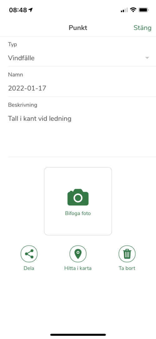 Då kommer tre nya knappar fram. genom att välja Dela så blir punkten och texten tillgänglig till exempel till din Sydvedare. Smart om du vill ha hjälp med att ta hand om träden!
