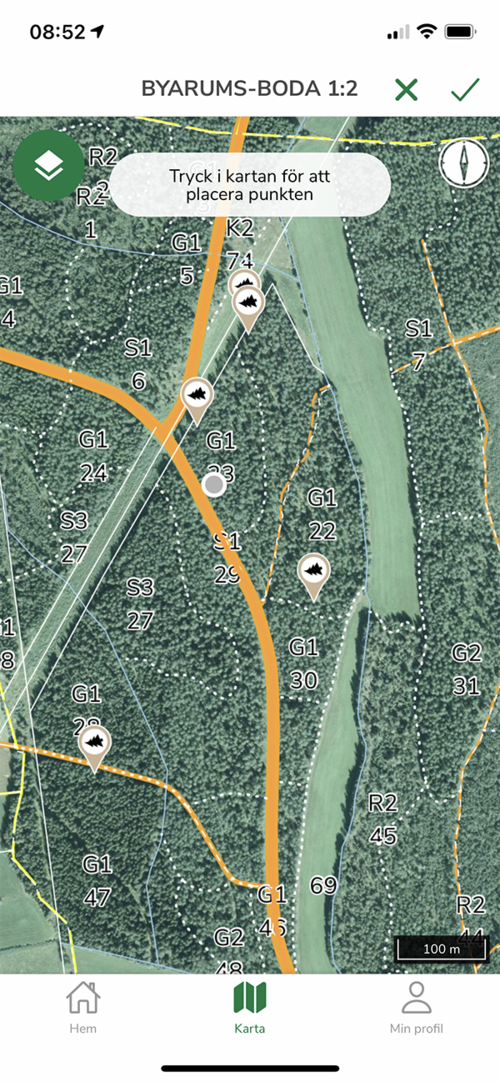 Vill du märka ut vindfällen? Här har man klickat på knappen med plustecknet. Då kan man välja mellan att skapa ny punkt, linje eller yta. Här har man skapat en ny punkt, och sedan angett vilken typ av punkt det är, vindfälle.