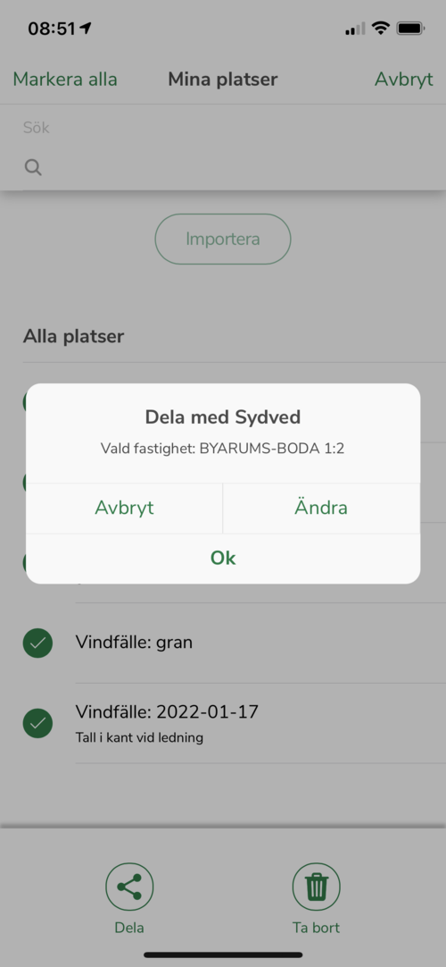 När du har bockat i det du vill dela, välj* Dela*, och sen *Dela med Sydved*. Då blir informationen tillgänglig för din Sydvedare (men det blir inte per automatik ett uppdrag! Du måste själv meddela Sydvedaren att du har delat något.