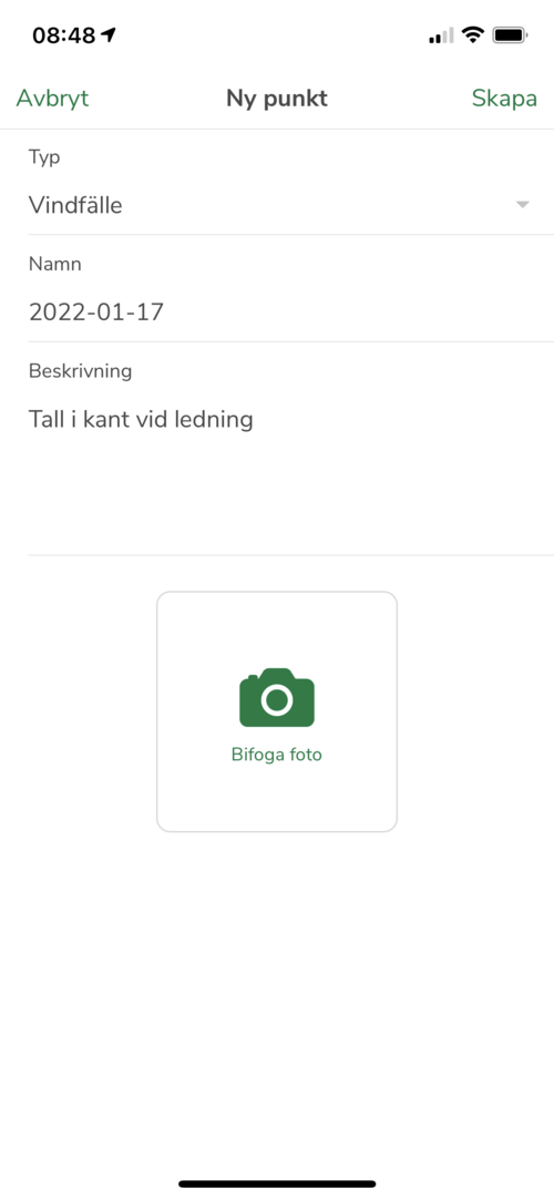 En ny punkt har skapats. Typen är vindfälle. I namnfältet har ett datum skrivits. Även utrymme för att i beskrivningen ge lite mer information, som här: 