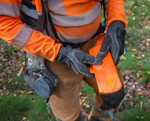 Ibland behöver man använda sig av en kil, så att inte trädet nyper åt sågen. Kilarna blir lätt trubbiga och slitna, så ha med extra kilar!