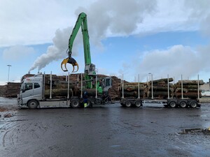 Här är vi vid upplaget vid industri, där en höglyftande terminalkran hjälpte timmerbilen att lasta av det grova virket.